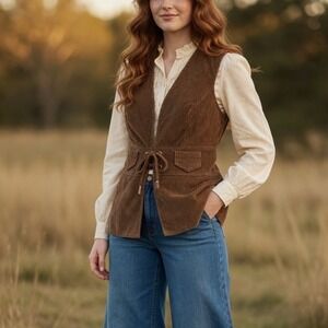 70's Miss Holly Vintage Brown Corduroy Lace Up Corset Vest Top Womens XS Boho
